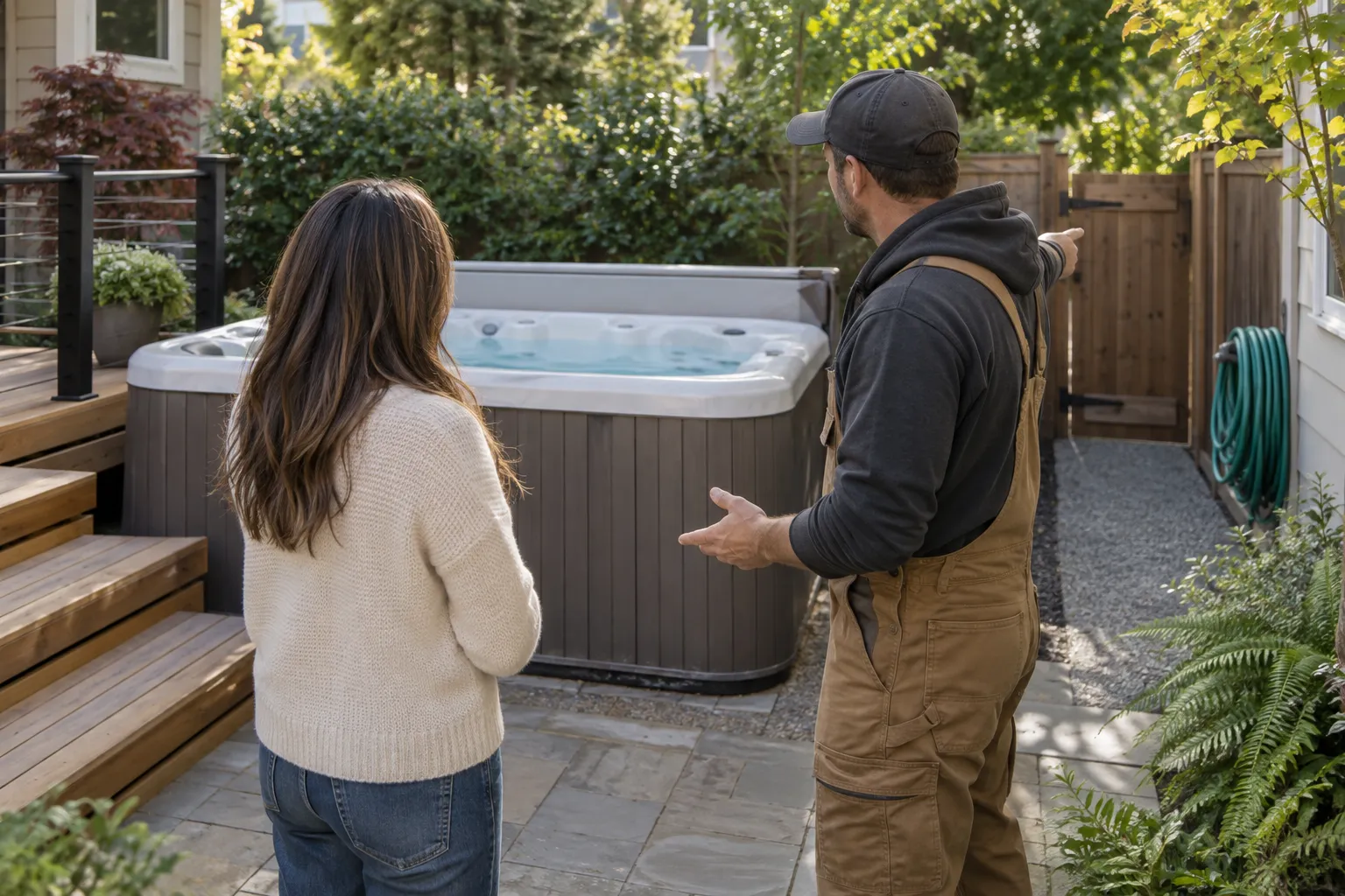 A removal worker and homeowner reviewing the gate and access route beside a hot tub